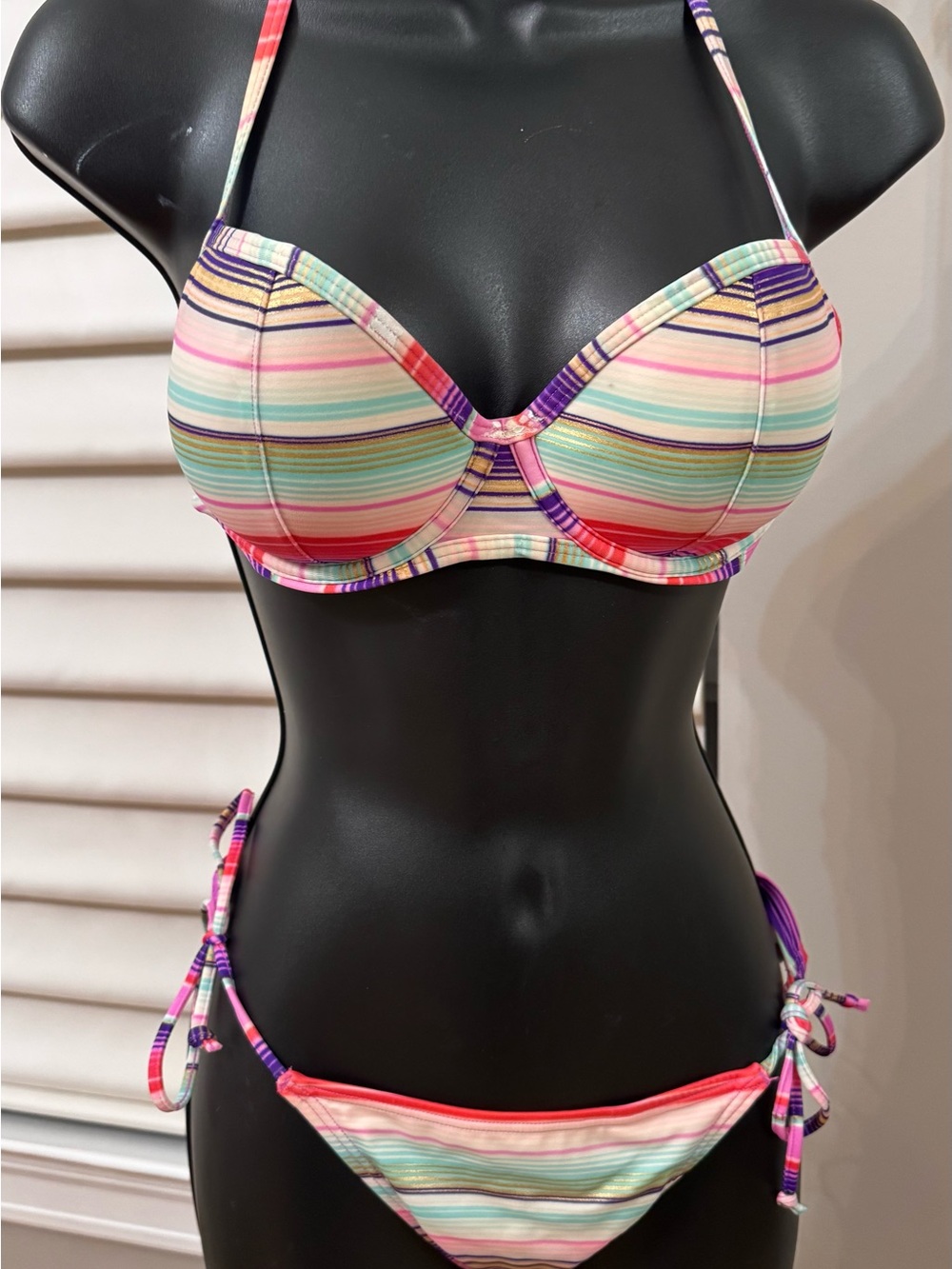 Victoria's Secret Multi Stripe molded Bandeau padded Bikini Set 32D Top S Bottom